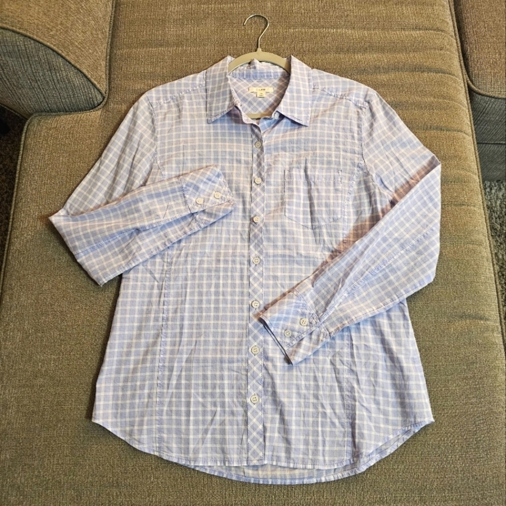 Caslon Light Blue White Checkered Casual Office Button Top Shirt Size XS